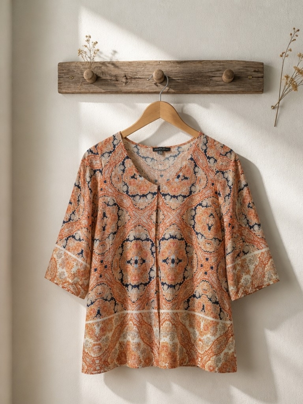 Rose & Olive Peach and Navy Tile-Print Split-Neck Tunic